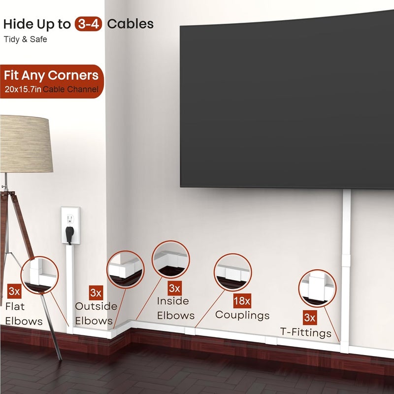 EZA Cord Hider, Wire Cover, Cord Covers Wall Mounted TV, Cable Hider, 315 in Paintable White Raceway Kit, Electrical Cords Concealer, Cable Management, Hide Cords Wall, Wire Molding, Adhesive Channel - Image 4